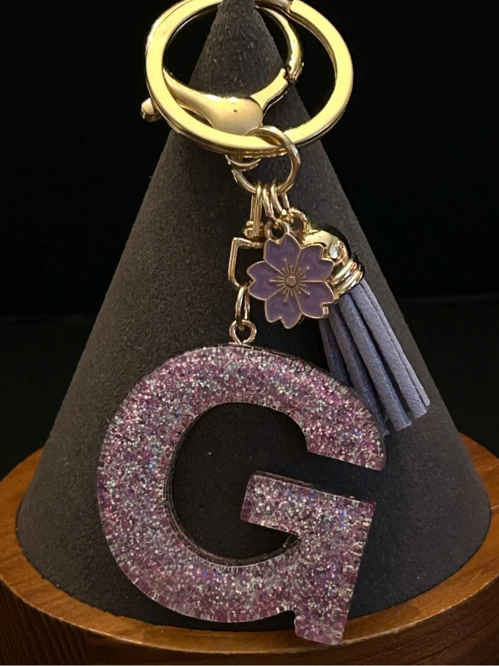 Gold-Tone Key & Card Holder w/Purple Glitter Choice of Initial Charm w/Tassel